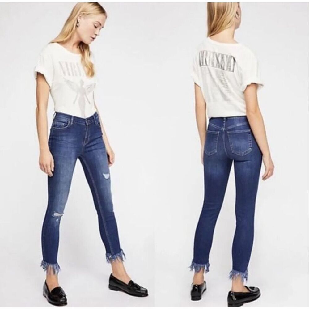 Free People Great Heights Fringe Skinny Jeans Distressed Blue Wash 26